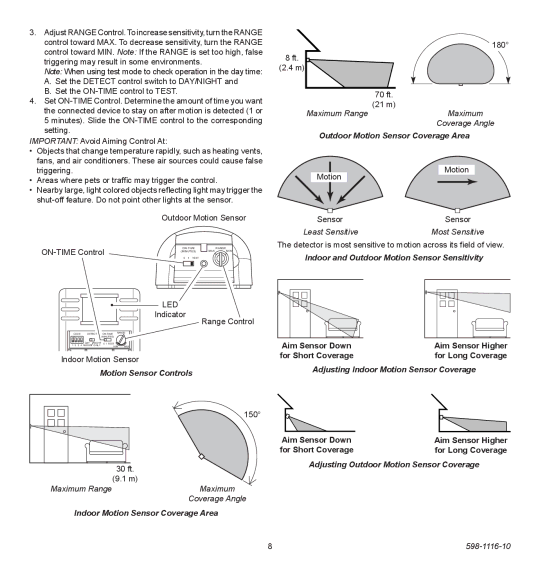 Heath Zenith 598-1116-10 Outdoor Motion Sensor Coverage Area, Indoor and Outdoor Motion Sensor Sensitivity 