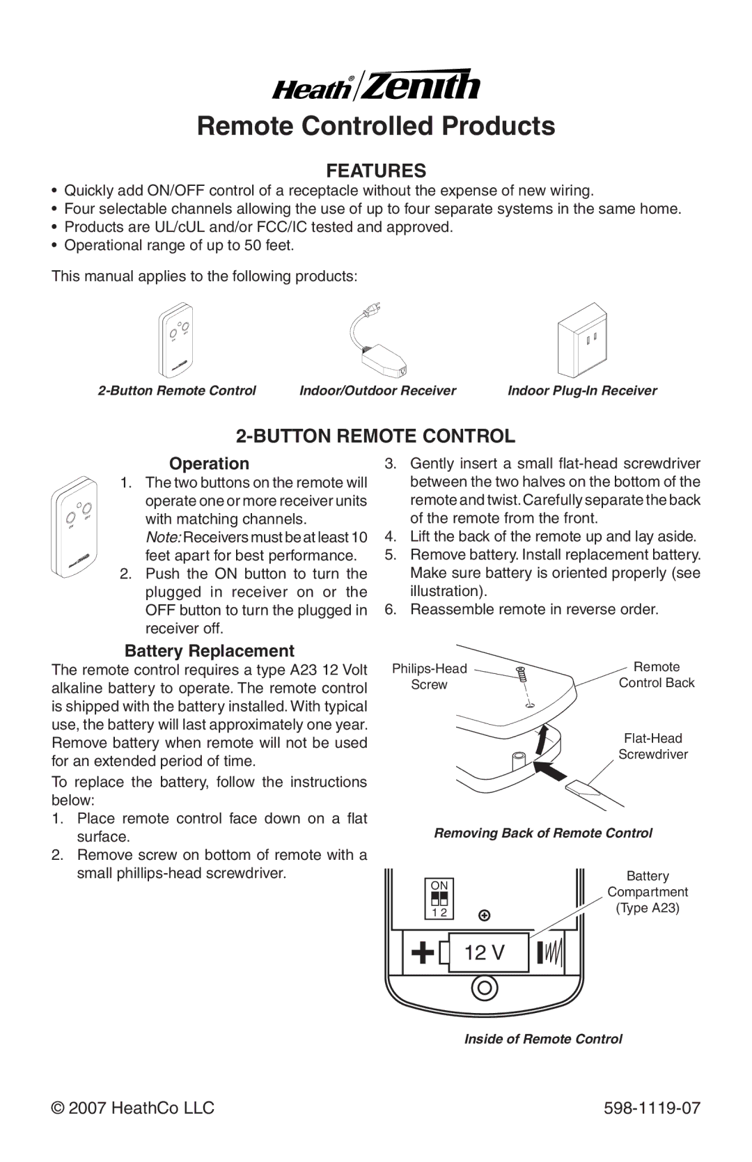 Heath Zenith 598-1119-07 manual Features, Button Remote Control, Operation, Battery Replacement 