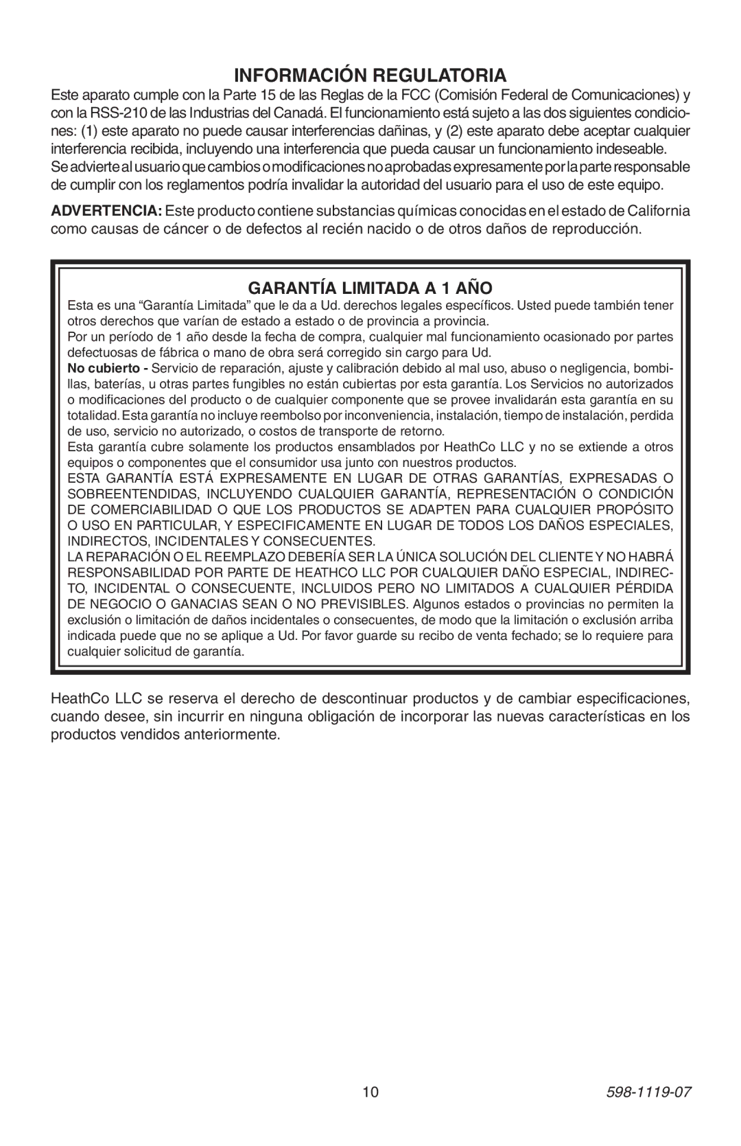 Heath Zenith 598-1119-07 manual Información Regulatoria, Garantía Limitada a 1 AÑO 