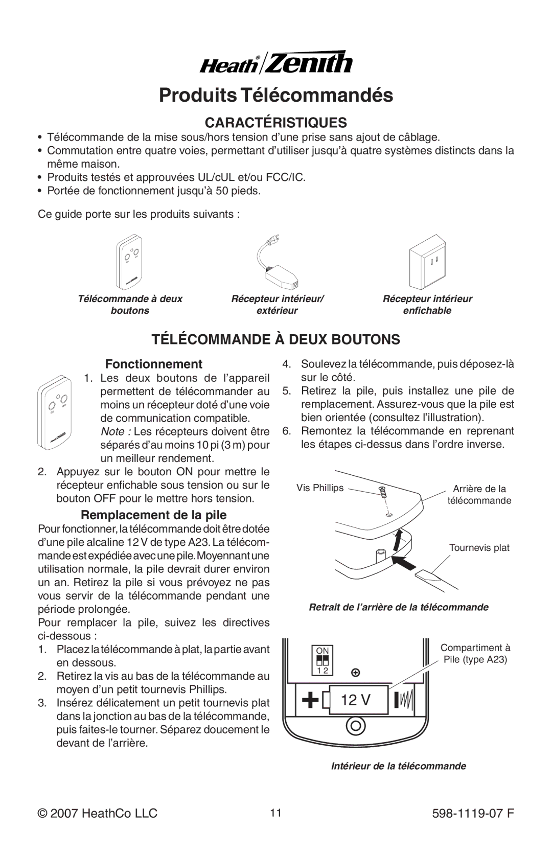 Heath Zenith 598-1119-07 manual Caractéristiques, Télécommande À Deux Boutons, Fonctionnement, Remplacement de la pile 