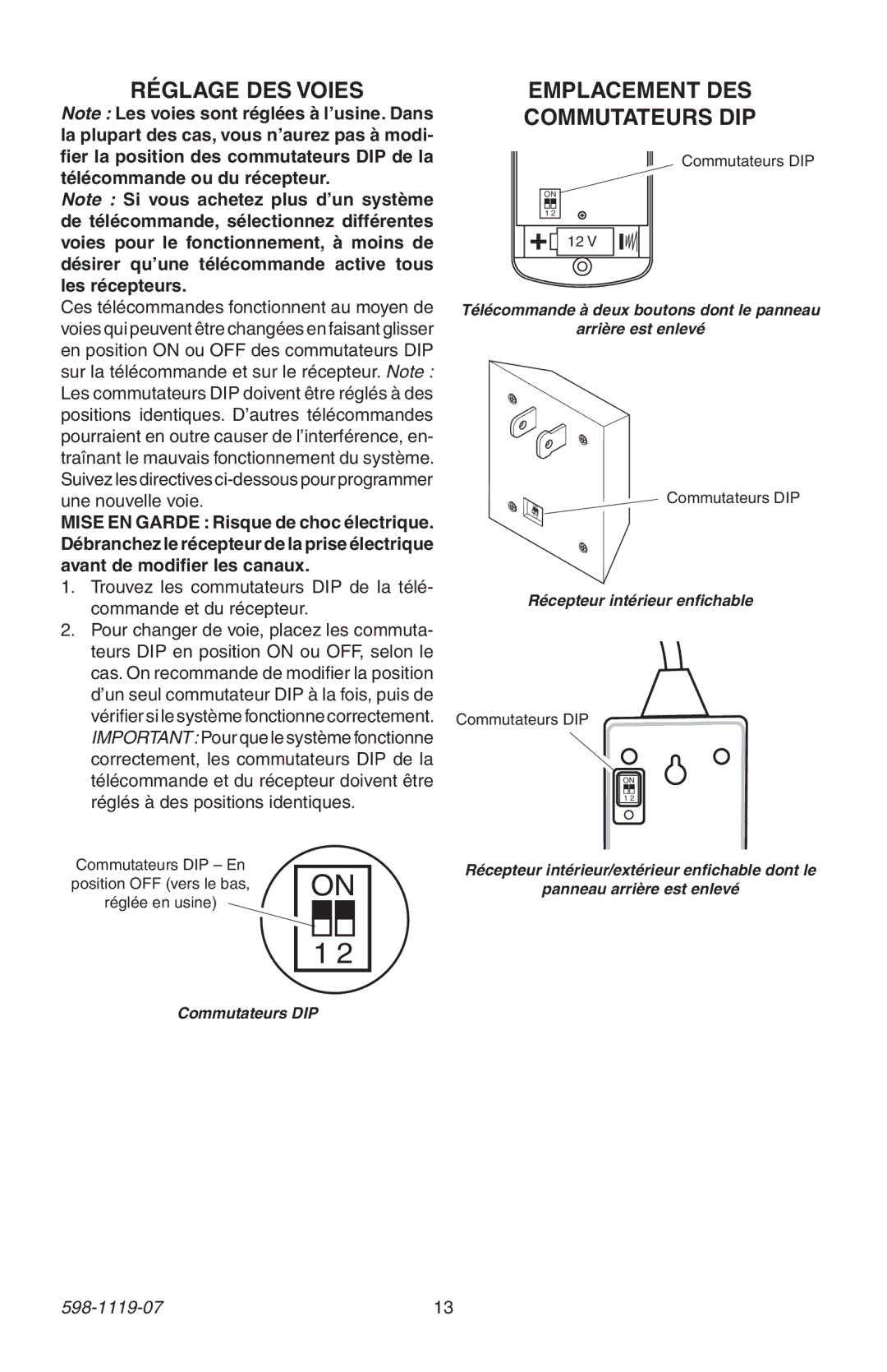 Heath Zenith 598-1119-07 manual Réglage DES Voies, Emplacement DES Commutateurs DIP 