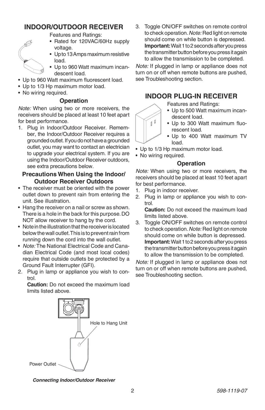 Heath Zenith 598-1119-07 manual Indoor/Outdoor Receiver, Indoor Plug-In Receiver 