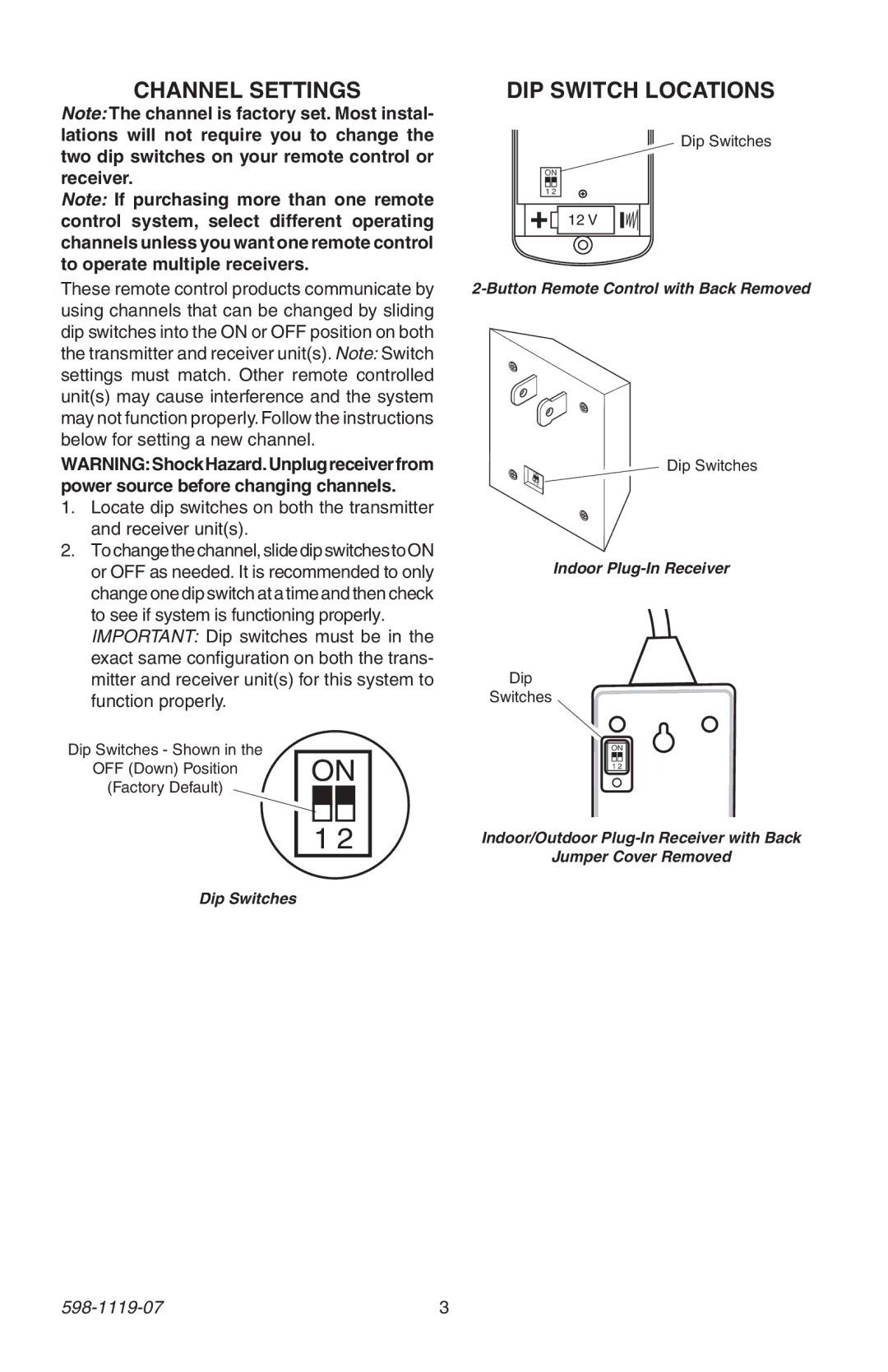 Heath Zenith 598-1119-07 manual Channel Settings, Dip Switch Locations 