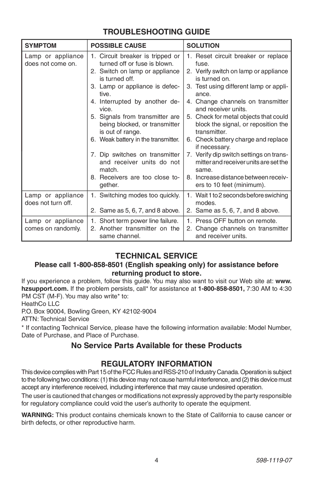 Heath Zenith 598-1119-07 manual Troubleshooting Guide, Technical Service 