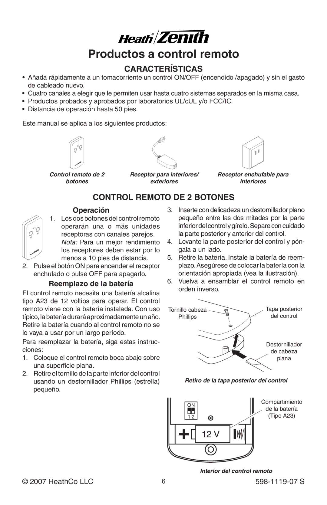 Heath Zenith 598-1119-07 manual Características, Control Remoto DE 2 Botones, Operación, Reemplazo de la batería 