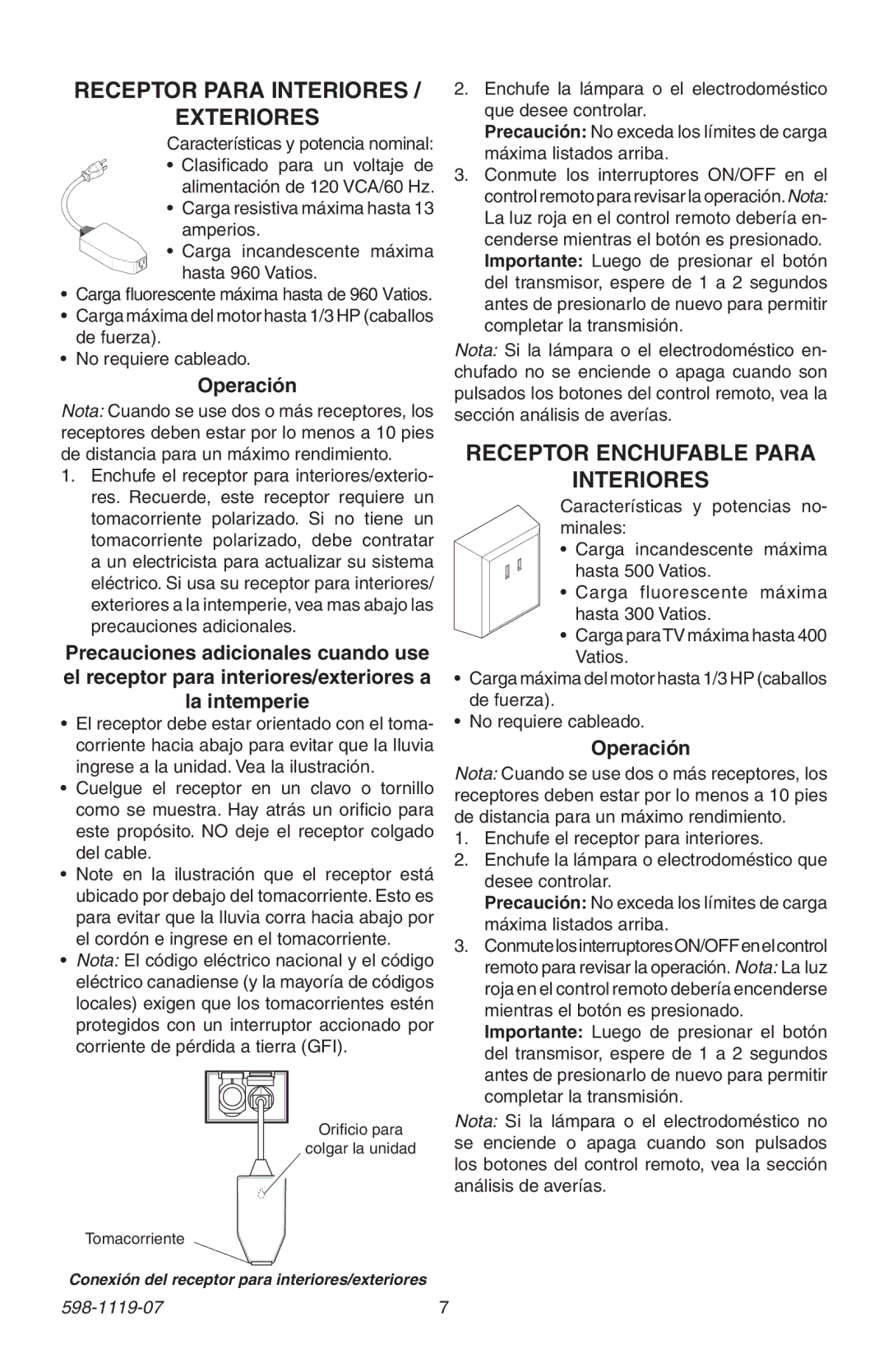 Heath Zenith 598-1119-07 manual Receptor Para Interiores Exteriores, Receptor Enchufable Para Interiores 