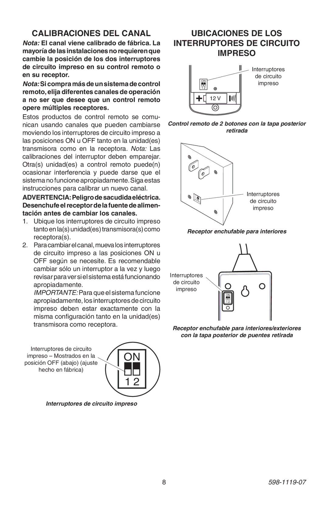 Heath Zenith 598-1119-07 manual Calibraciones DEL Canal, Ubicaciones DE LOS Interruptores DE Circuito Impreso 