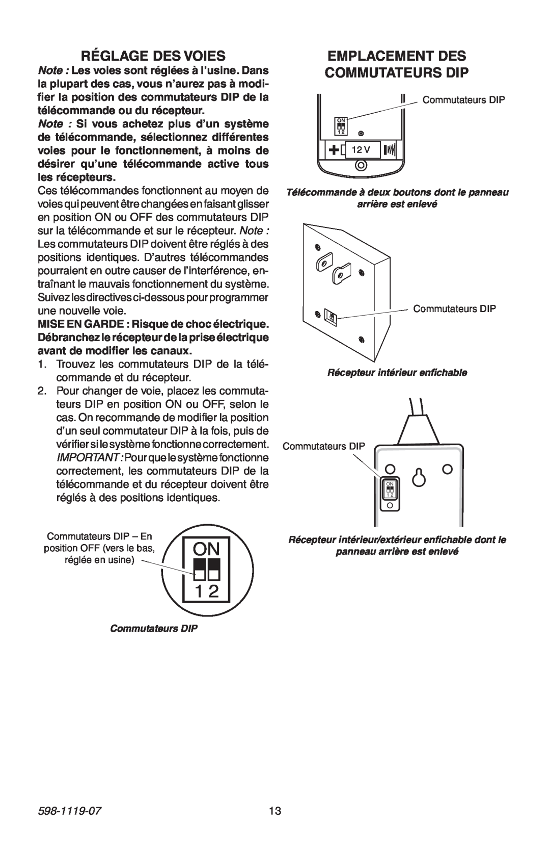 Heath Zenith 598-1119-07 manual Réglage Des Voies, Emplacement Des Commutateurs Dip 