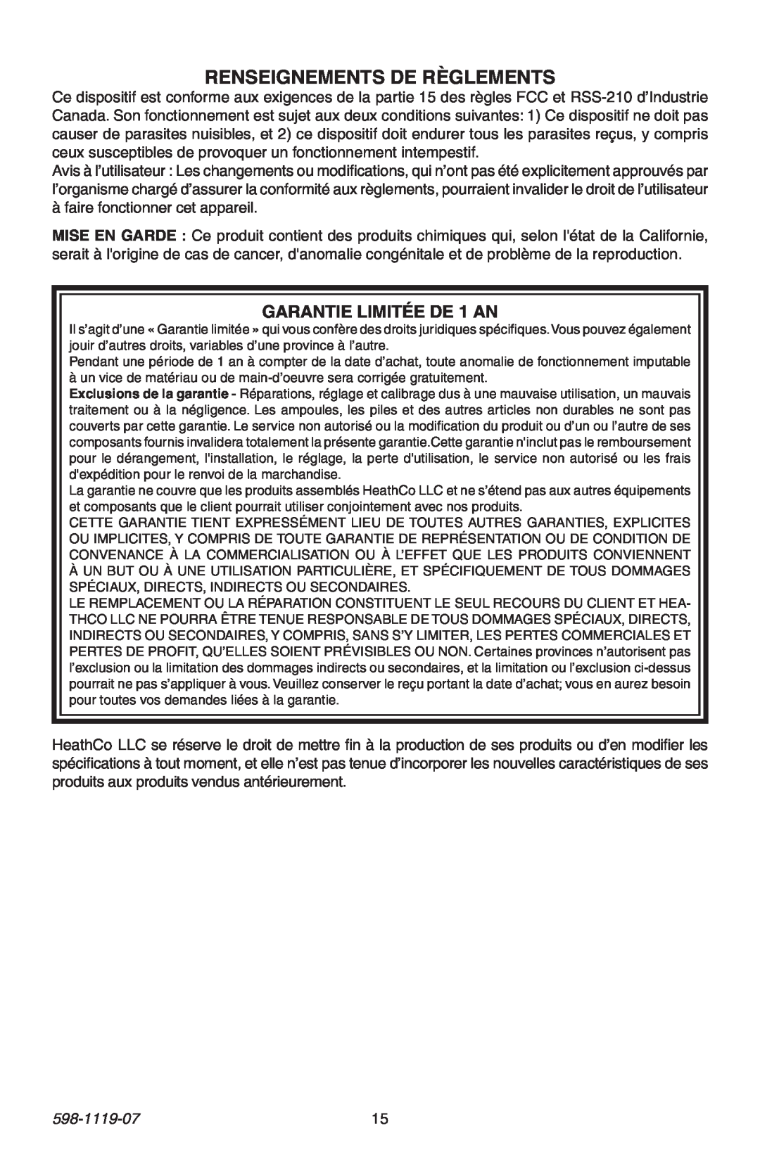 Heath Zenith 598-1119-07 manual Renseignements de règlements, GARANTIE LIMITÉE DE 1 AN 