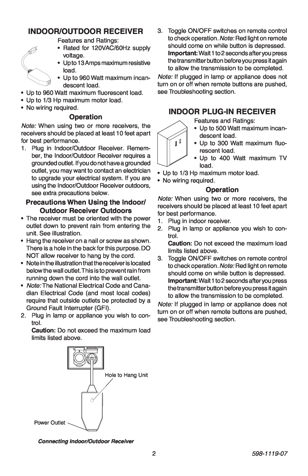 Heath Zenith 598-1119-07 manual Indoor Plug-In Receiver, Operation, Connecting Indoor/Outdoor Receiver 
