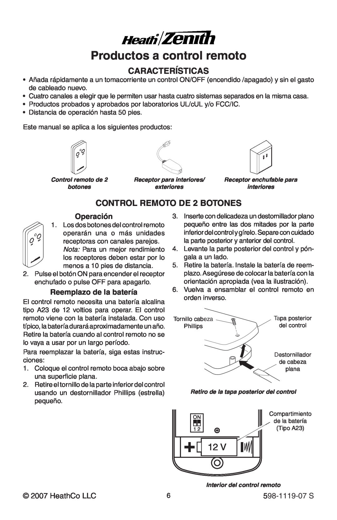 Heath Zenith manual Productos a control remoto, Operación, Reemplazo de la batería, HeathCo LLC, 598-1119-07 S 