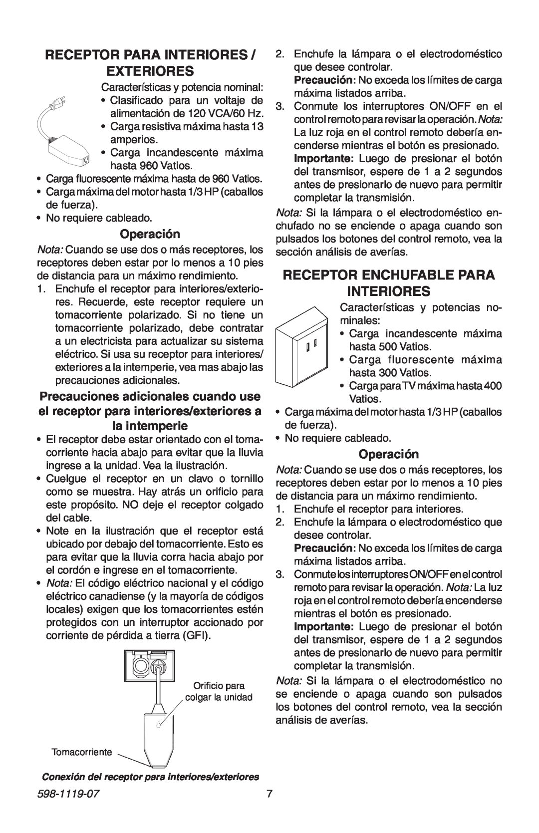 Heath Zenith 598-1119-07 manual Receptor Para Interiores Exteriores, Receptor Enchufable Para Interiores, Operación 