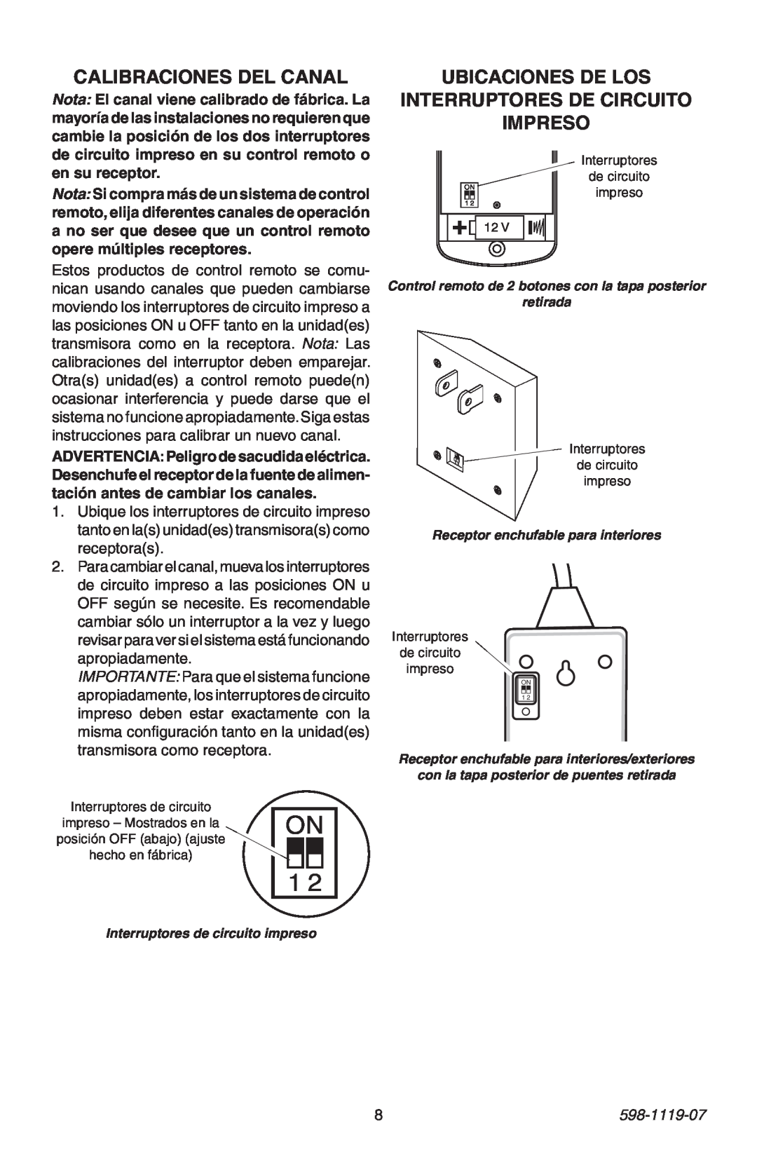 Heath Zenith 598-1119-07 manual Calibraciones Del Canal, Ubicaciones De Los Interruptores De Circuito Impreso 