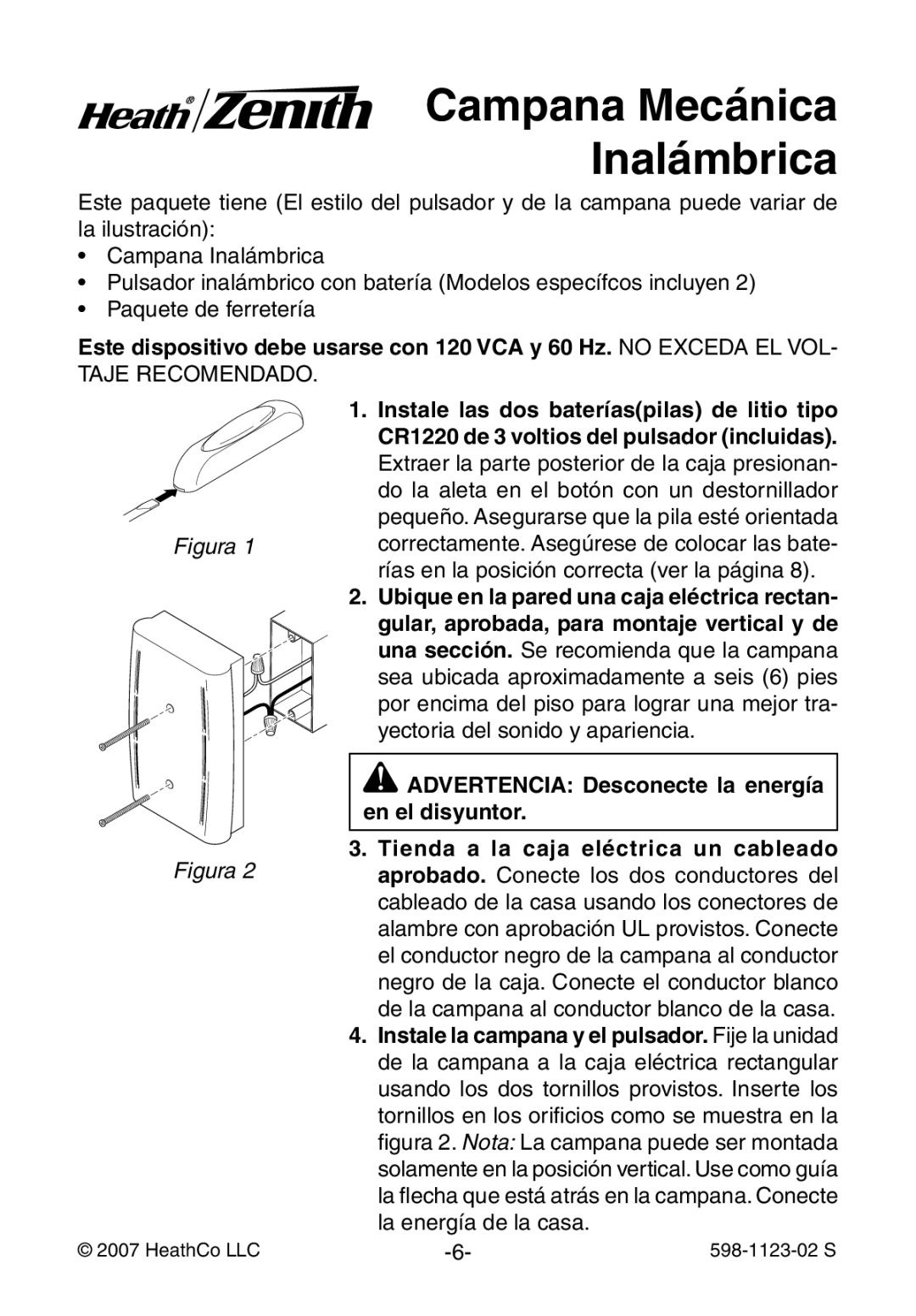 Heath Zenith 598-1123-02 manual Campana Mecánica Inalámbrica, Advertencia Desconecte la energía en el disyuntor 