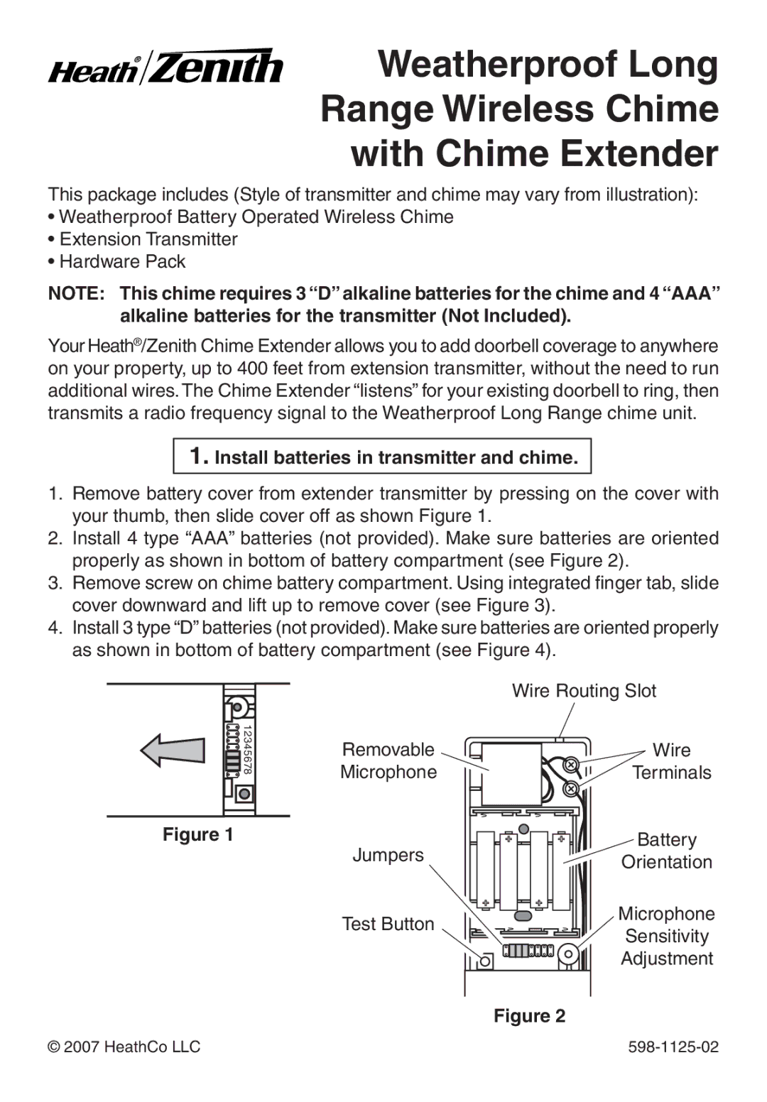 Heath Zenith 598-1125-02 manual Weatherproof Long Range Wireless Chime With Chime Extender 