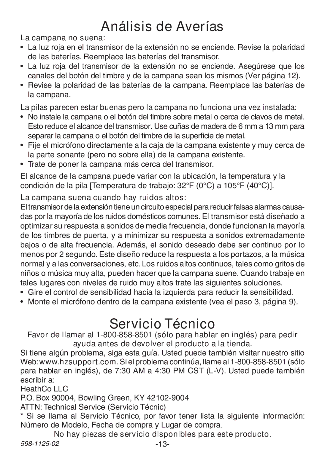 Heath Zenith 598-1125-02 manual Análisis de Averías, Servicio Técnico, La campana no suena 