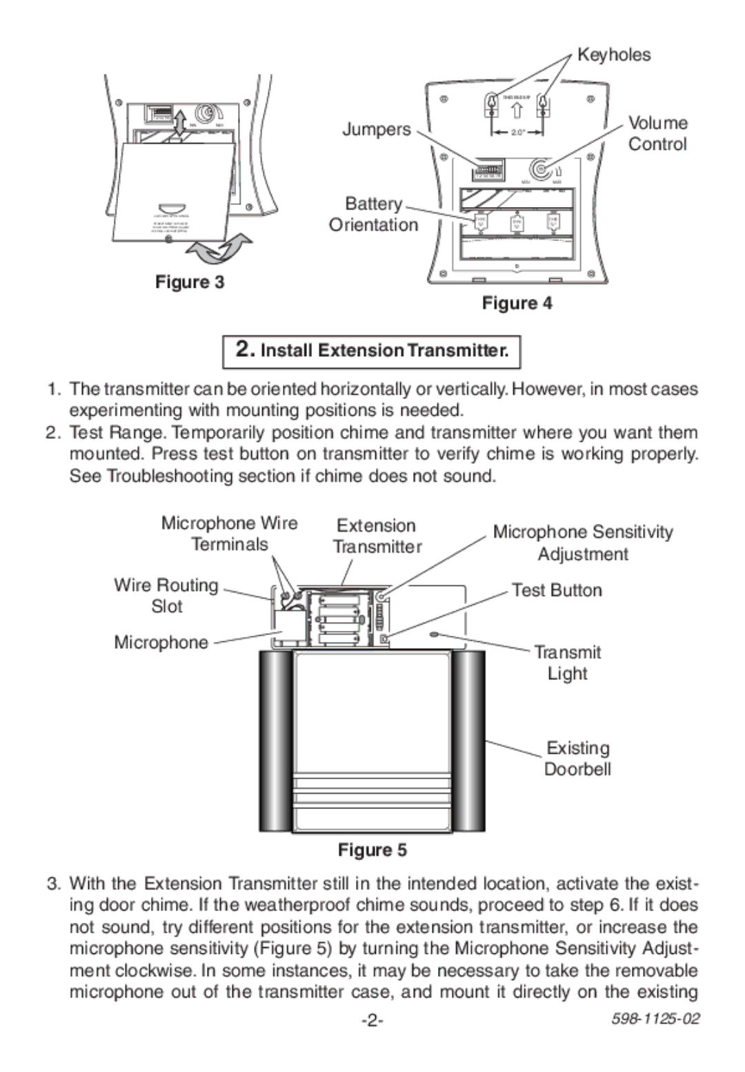 Heath Zenith 598-1125-02 manual Keyholes, Jumpers Battery Orientation, Volume Control, Install Extension Transmitter 