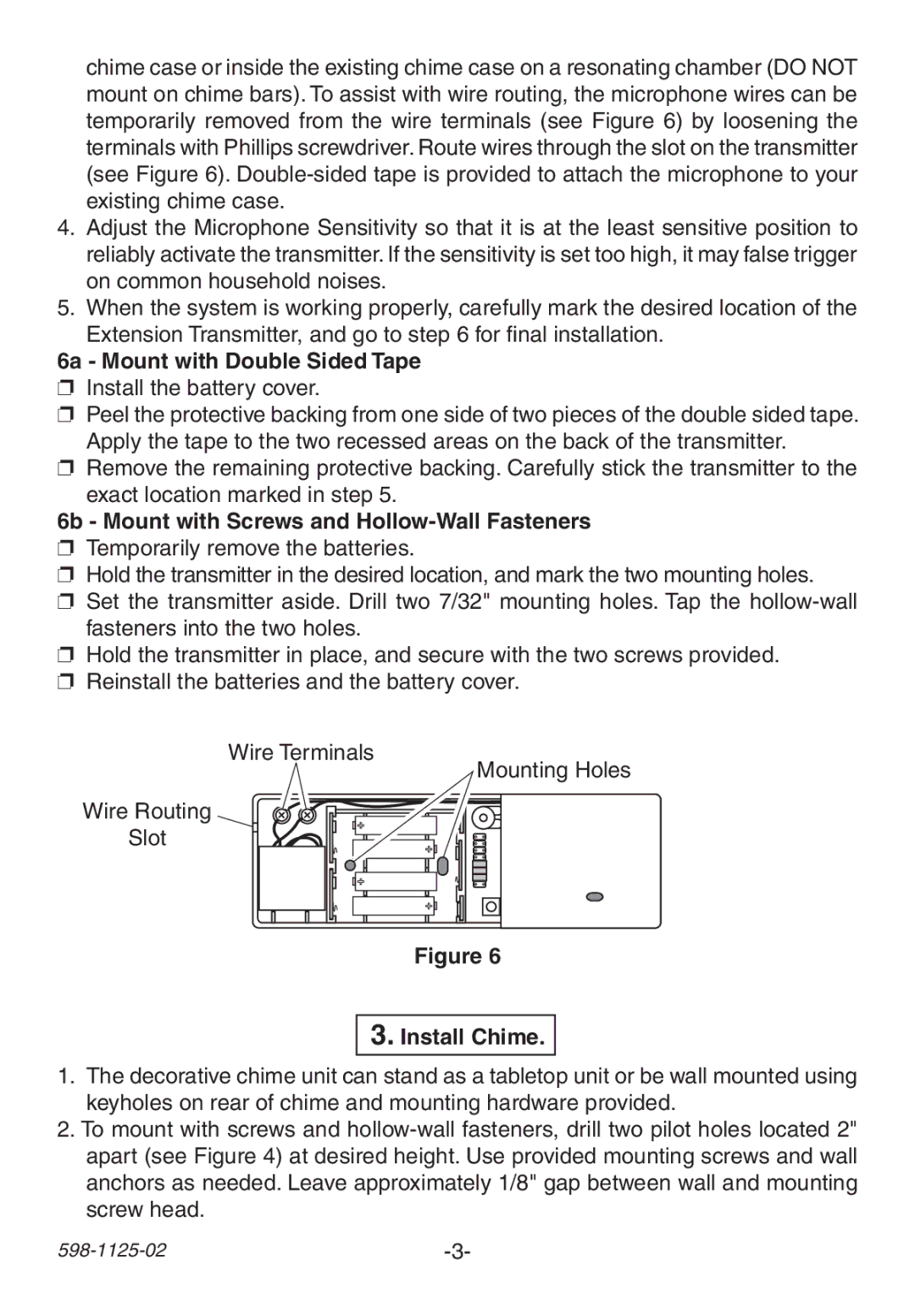 Heath Zenith 598-1125-02 6a Mount with Double Sided Tape, 6b Mount with Screws and Hollow-Wall Fasteners, Install Chime 