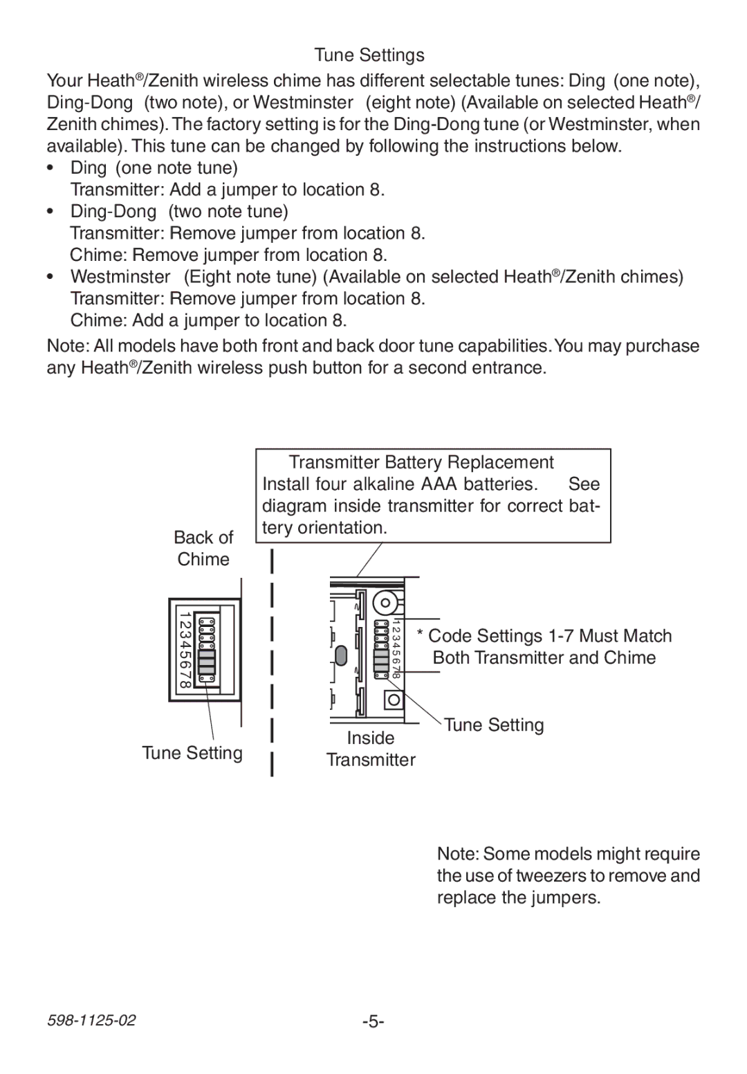 Heath Zenith 598-1125-02 manual Tune Settings, Inside 