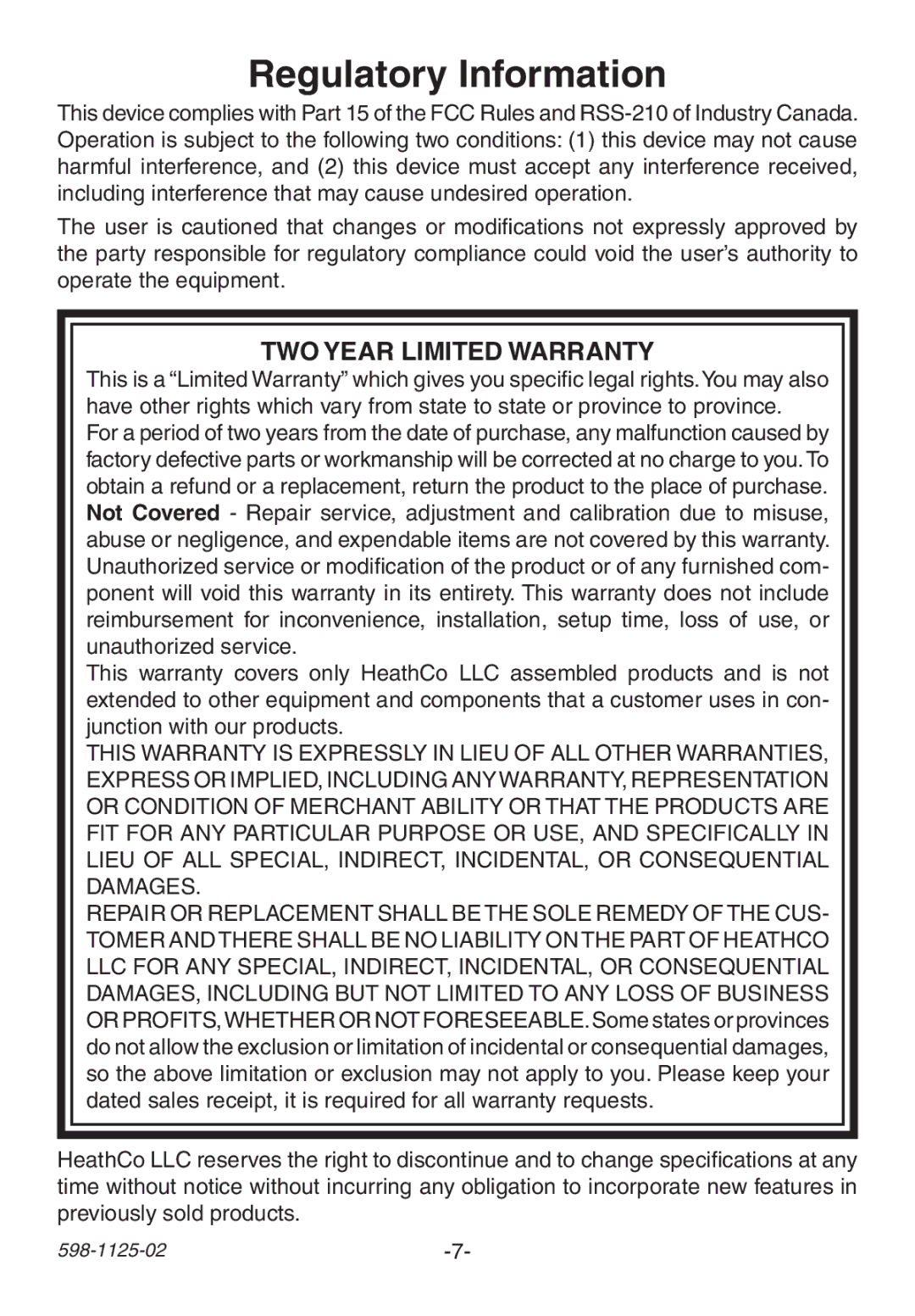 Heath Zenith 598-1125-02 manual Regulatory Information, TWO Year Limited Warranty 