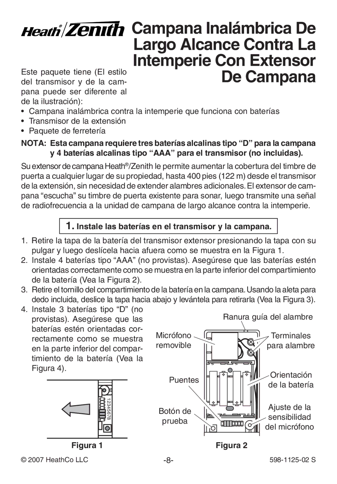 Heath Zenith 598-1125-02 manual Instale las baterías en el transmisor y la campana, Puentes Botón de prueba 