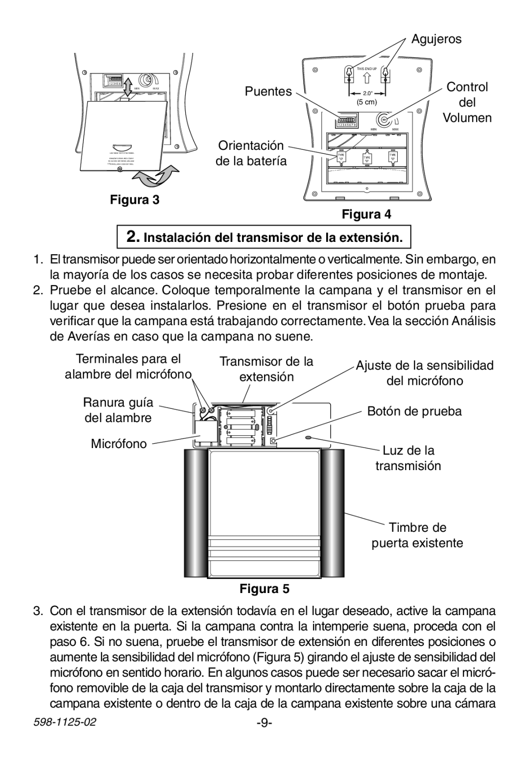 Heath Zenith 598-1125-02 manual Agujeros, Puentes Orientación de la batería, Control Del Volumen 