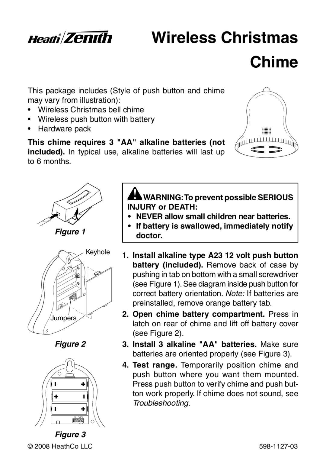 Heath Zenith 598-1127-03 manual Wireless Christmas Chime 