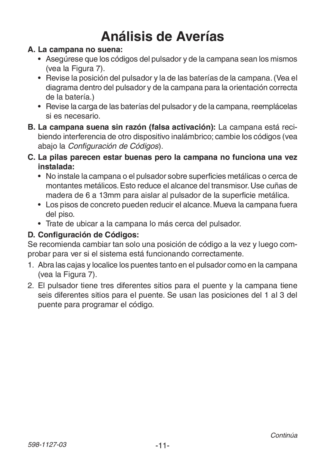 Heath Zenith 598-1127-03 manual Análisis de Averías, La campana no suena 