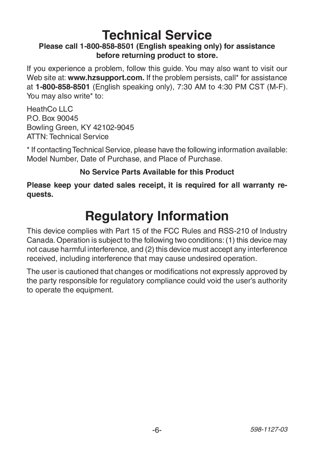 Heath Zenith 598-1127-03 manual Technical Service, Regulatory Information 