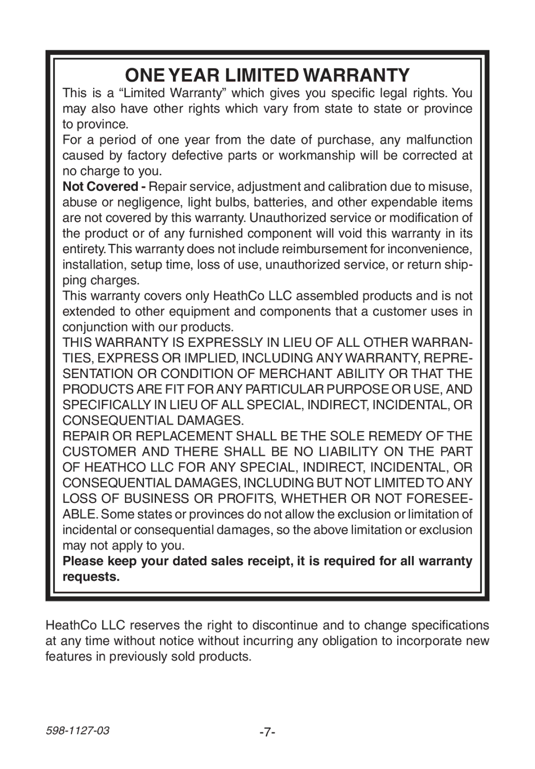 Heath Zenith 598-1127-03 manual ONE Year Limited Warranty 
