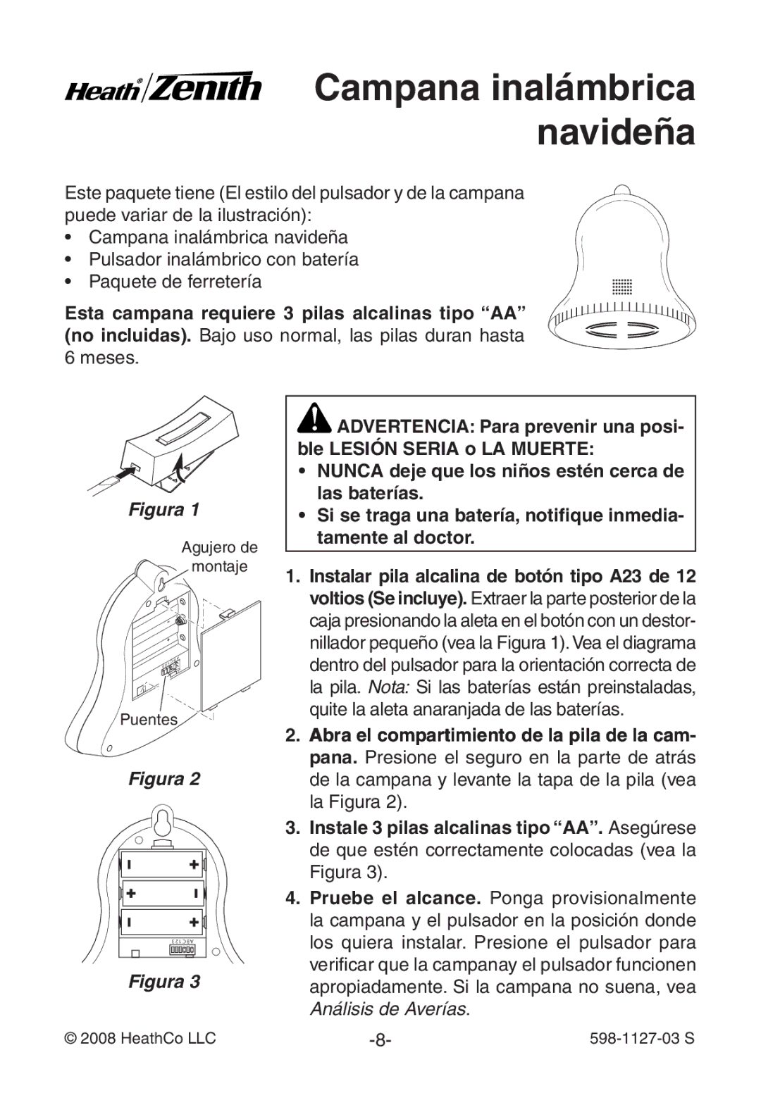 Heath Zenith 598-1127-03 manual Campana inalámbrica navideña 