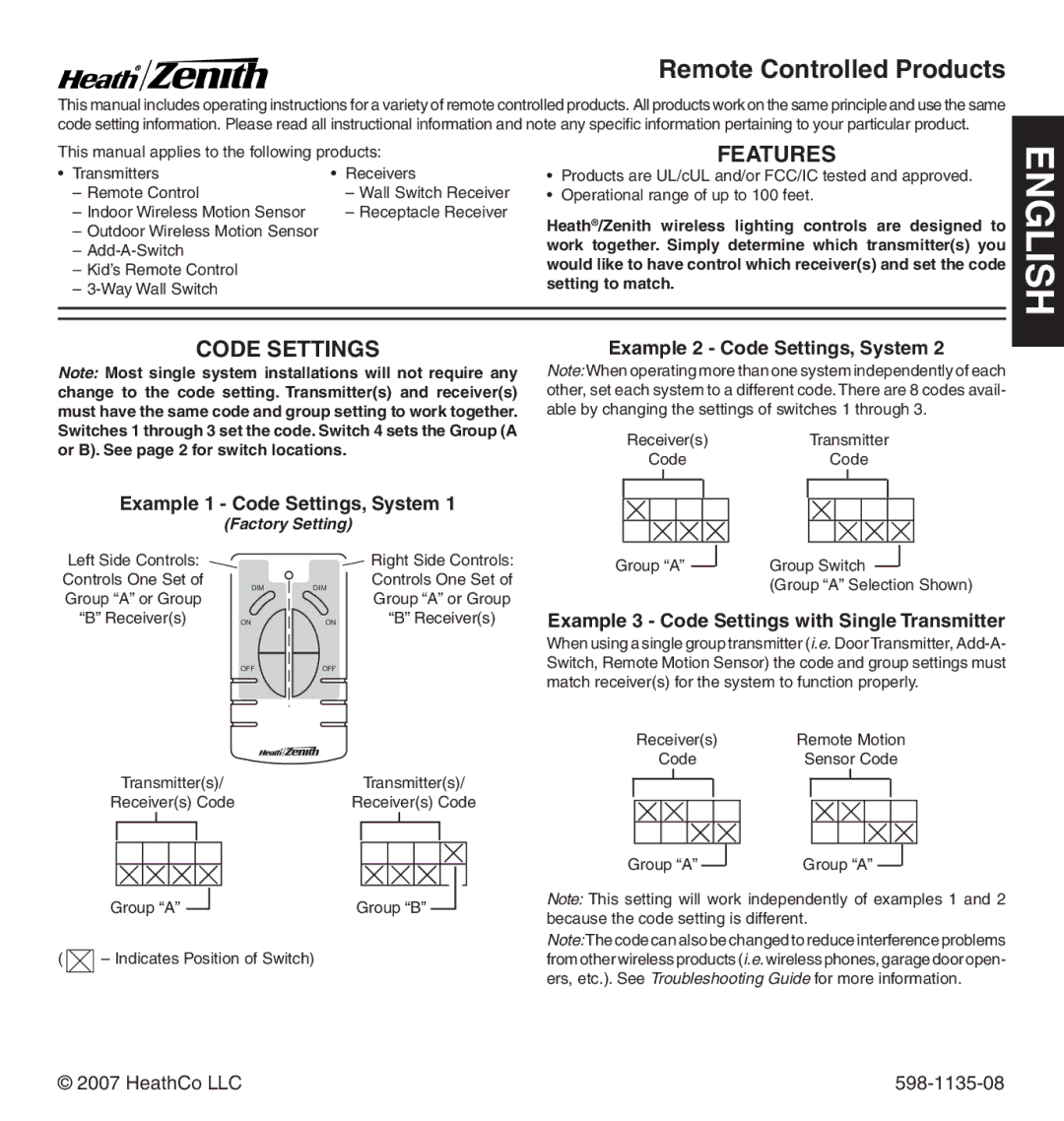Heath Zenith 598-1135-08 operating instructions Features, Example 2 Code Settings, System 