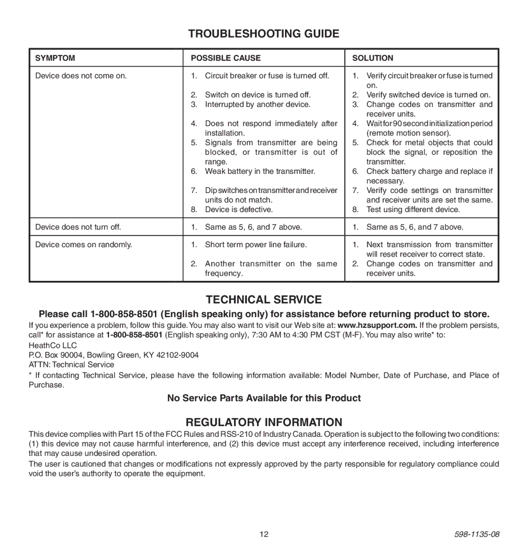 Heath Zenith 598-1135-08 operating instructions Troubleshooting Guide, Technical Service, Regulatory Information 