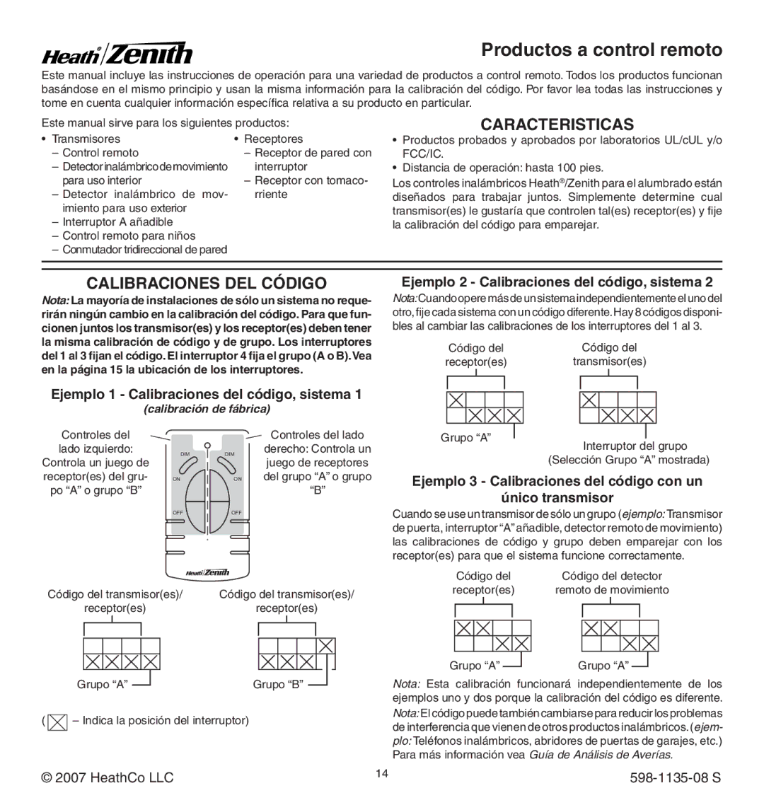 Heath Zenith 598-1135-08 Caracteristicas, Calibraciones DEL Código, Ejemplo 1 Calibraciones del código, sistema 