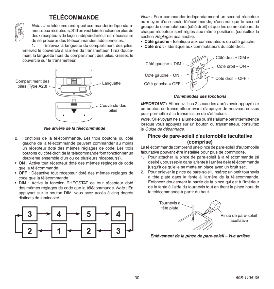 Heath Zenith 598-1135-08 Télécommande, Pince de pare-soleil dautomobile facultative Comprise, Commandes des fonctions 