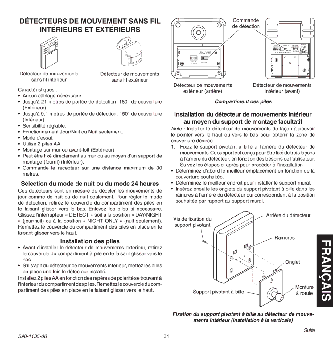 Heath Zenith 598-1135-08 Détecteurs DE Mouvement Sans FIL Intérieurs ET Extérieurs, Installation des piles 