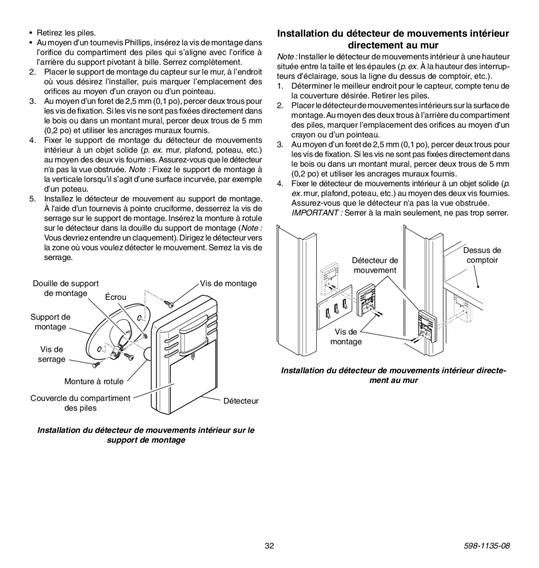 Heath Zenith 598-1135-08 operating instructions Retirez les piles, Important Serrer à la main seulement, ne pas trop serrer 