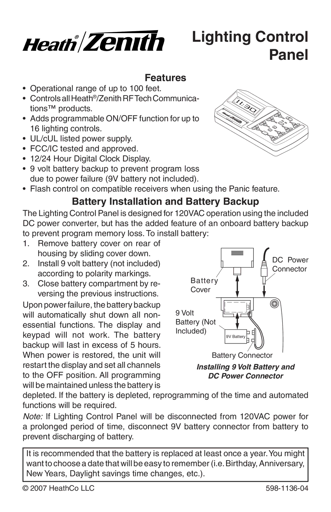 Heath Zenith 598-1136-04 manual Features, Battery Installation and Battery Backup 