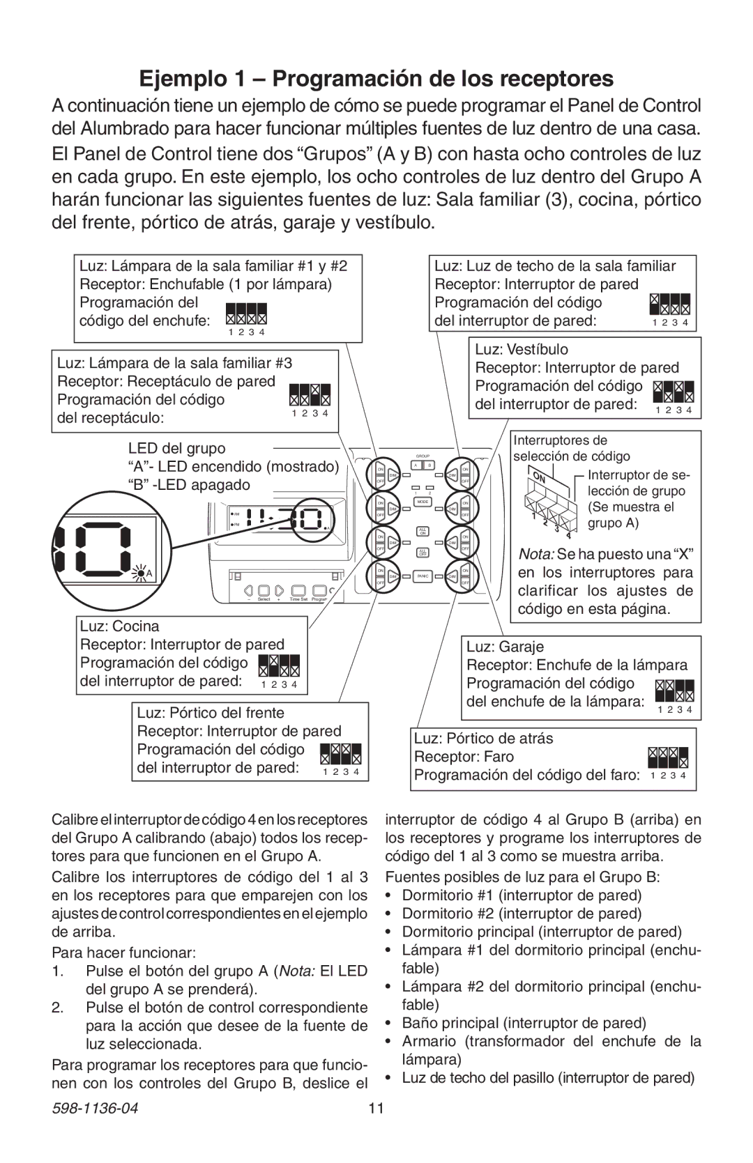 Heath Zenith 598-1136-04 manual Ejemplo 1 Programación de los receptores, Luz Cocina 