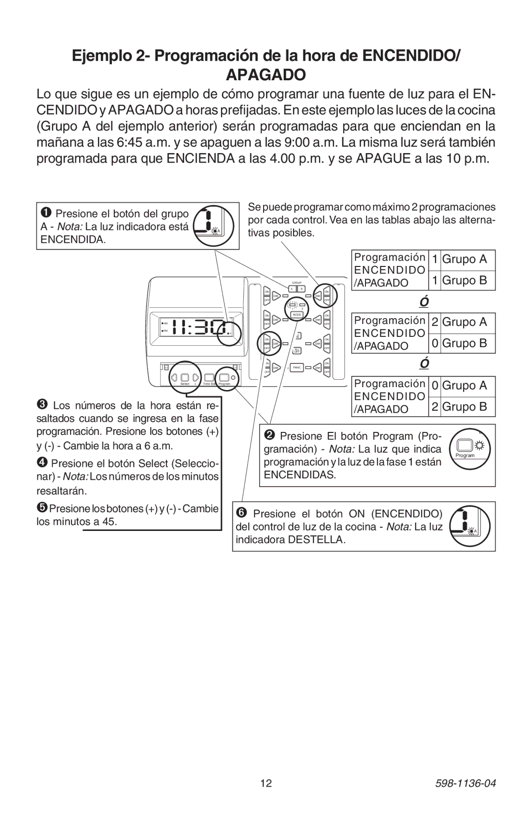 Heath Zenith 598-1136-04 manual Ejemplo 2- Programación de la hora de Encendido, Apagado 