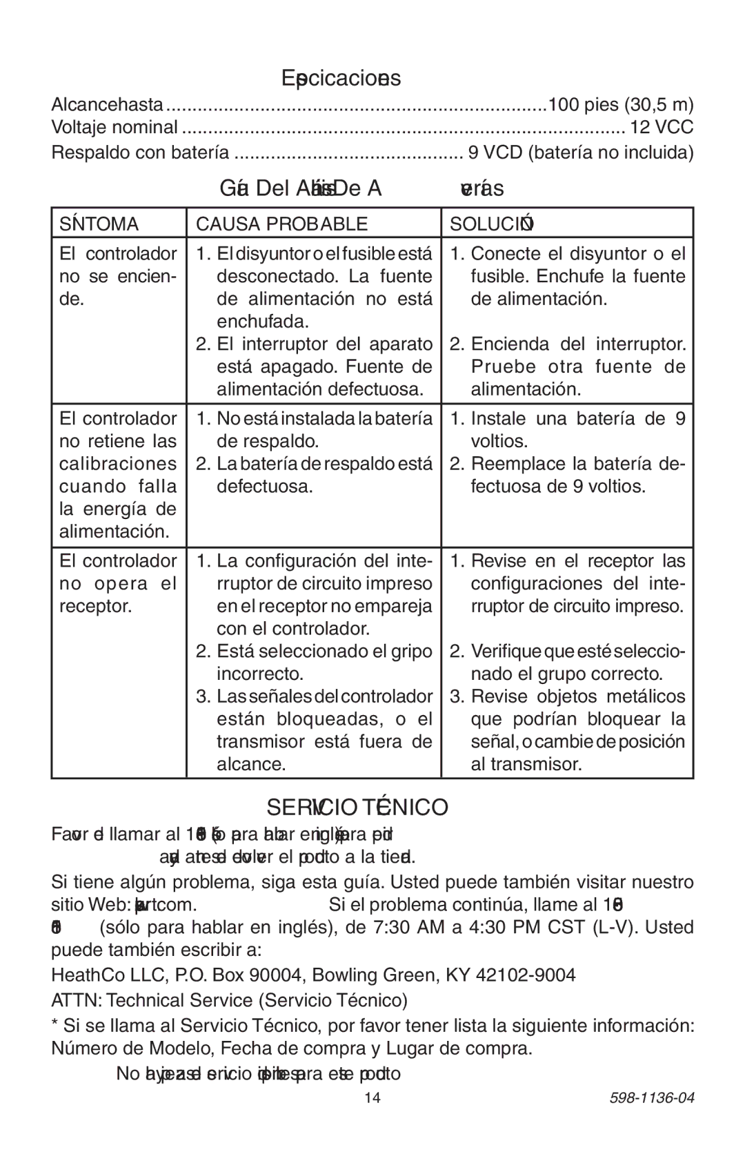 Heath Zenith 598-1136-04 manual Especificaciones, Guía Del Análisis De Averías, Servicio Técnico 