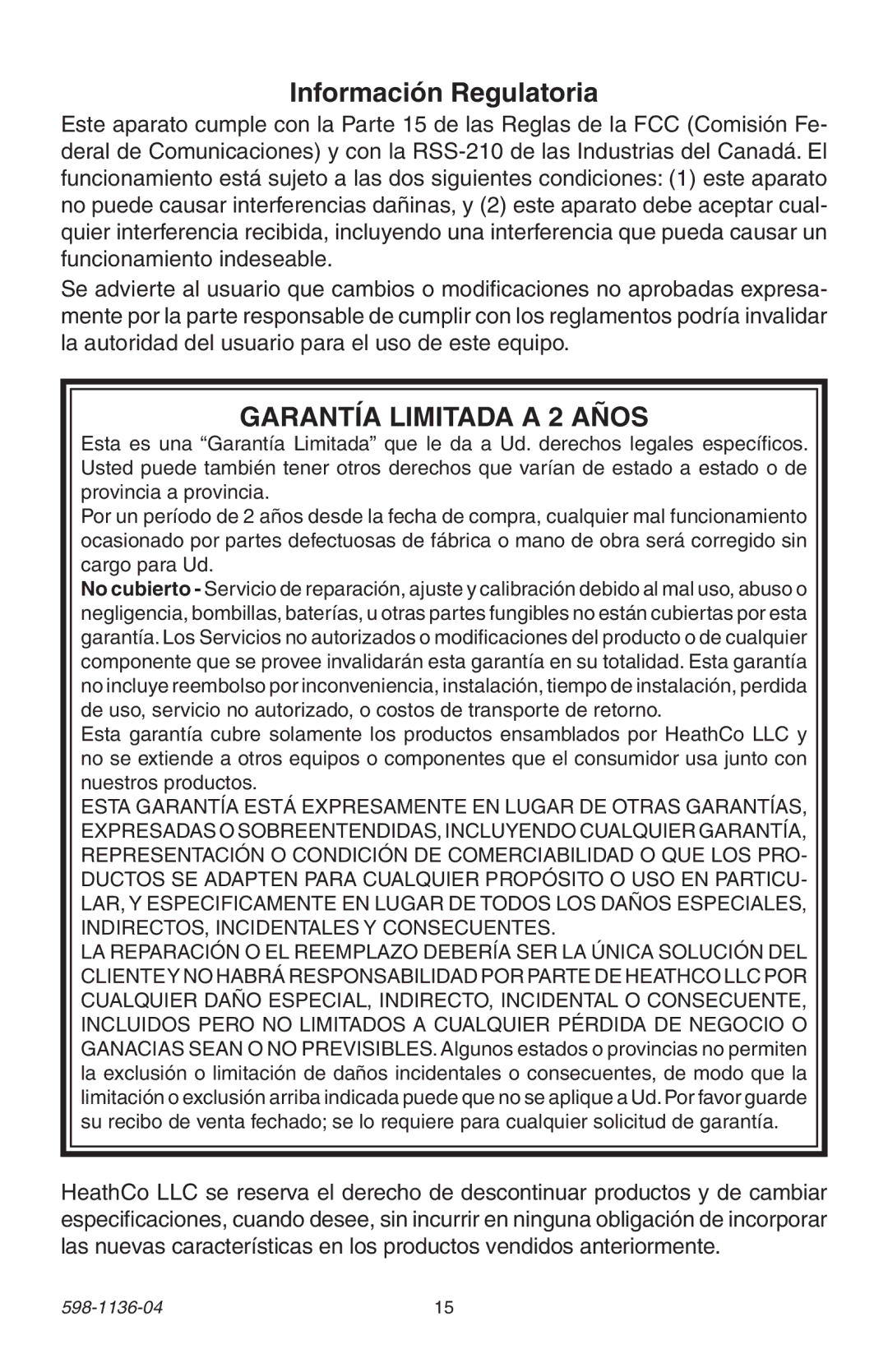 Heath Zenith 598-1136-04 manual Información Regulatoria, Garantía Limitada a 2 Años 