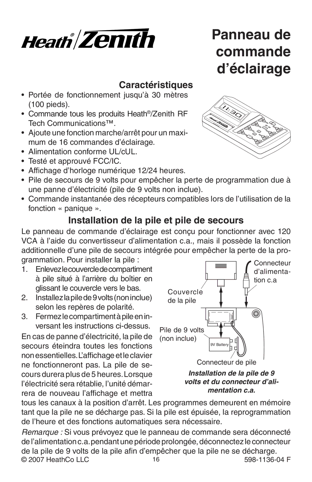 Heath Zenith 598-1136-04 manual Caractéristiques, Installation de la pile et pile de secours 