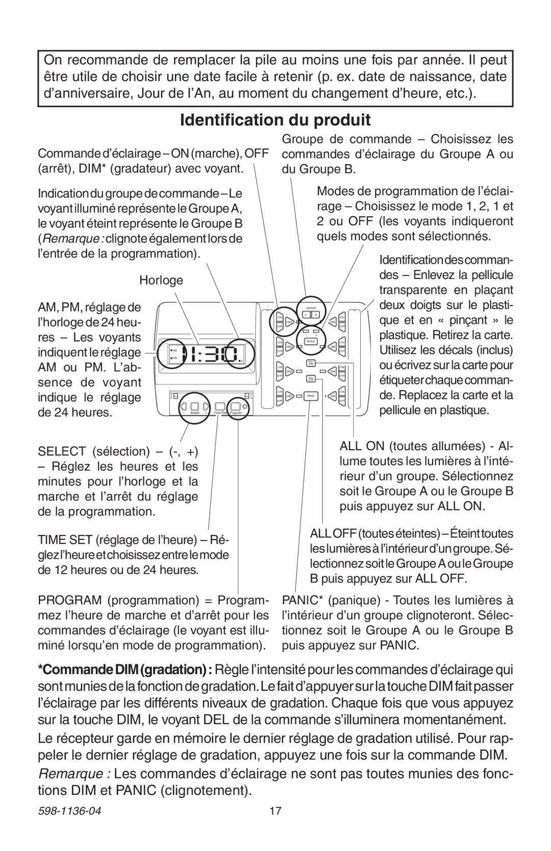 Heath Zenith 598-1136-04 manual Identification du produit, Que et en « pinçant » le 