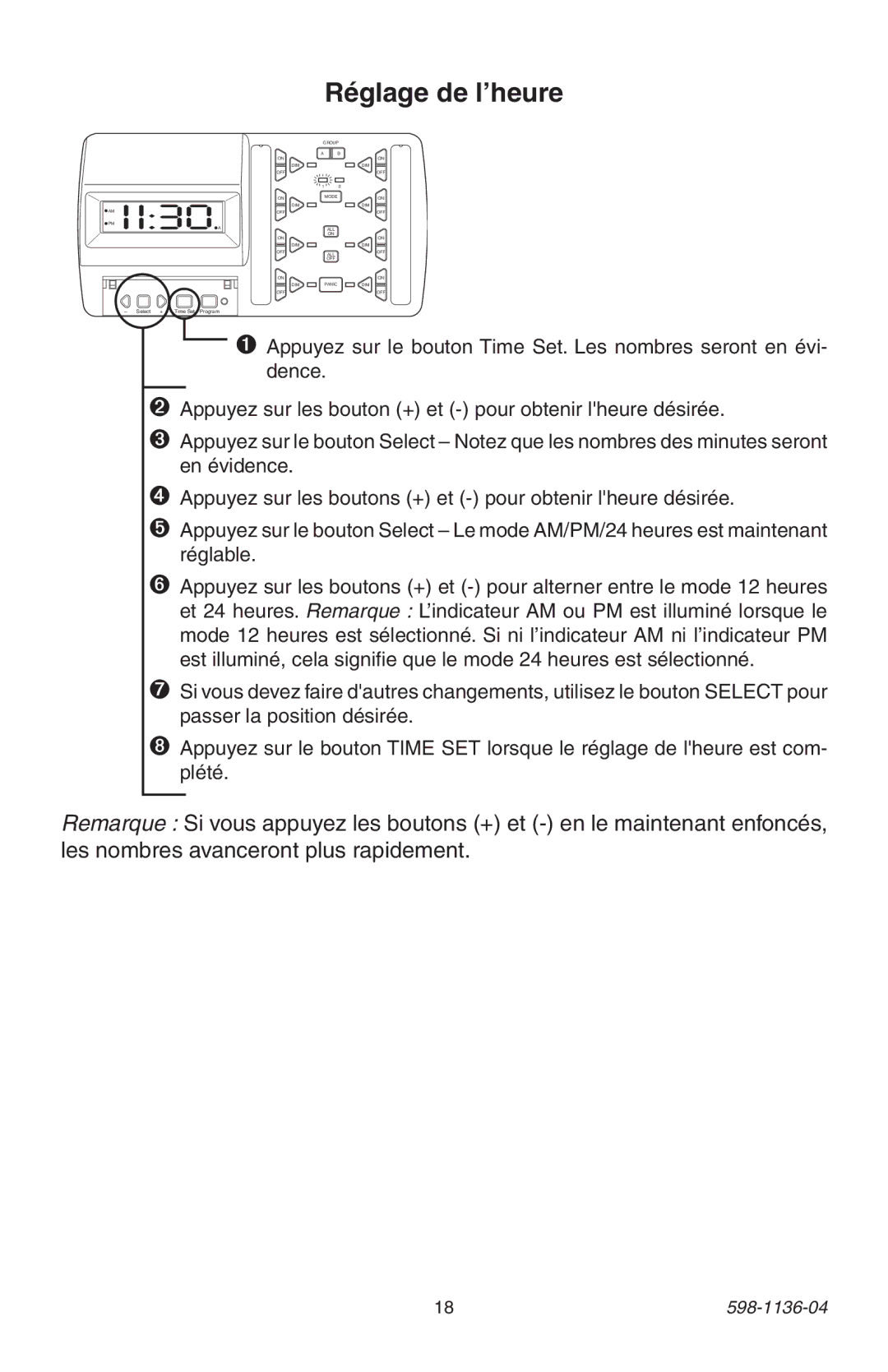 Heath Zenith 598-1136-04 manual Réglage de l’heure 