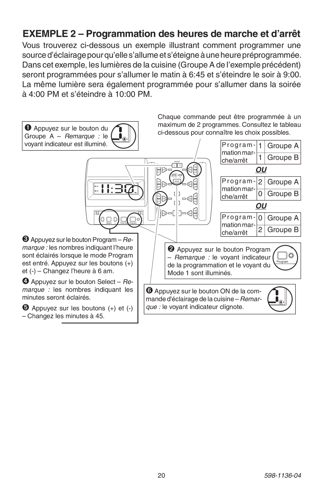 Heath Zenith 598-1136-04 manual Exemple 2 Programmation des heures de marche et d’arrêt 