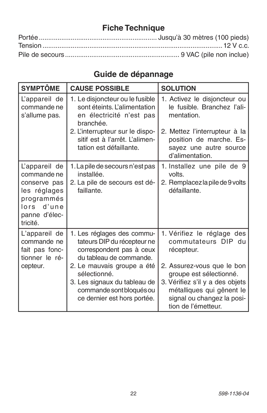 Heath Zenith 598-1136-04 manual Guide de dépannage, Symptôme Cause Possible Solution 