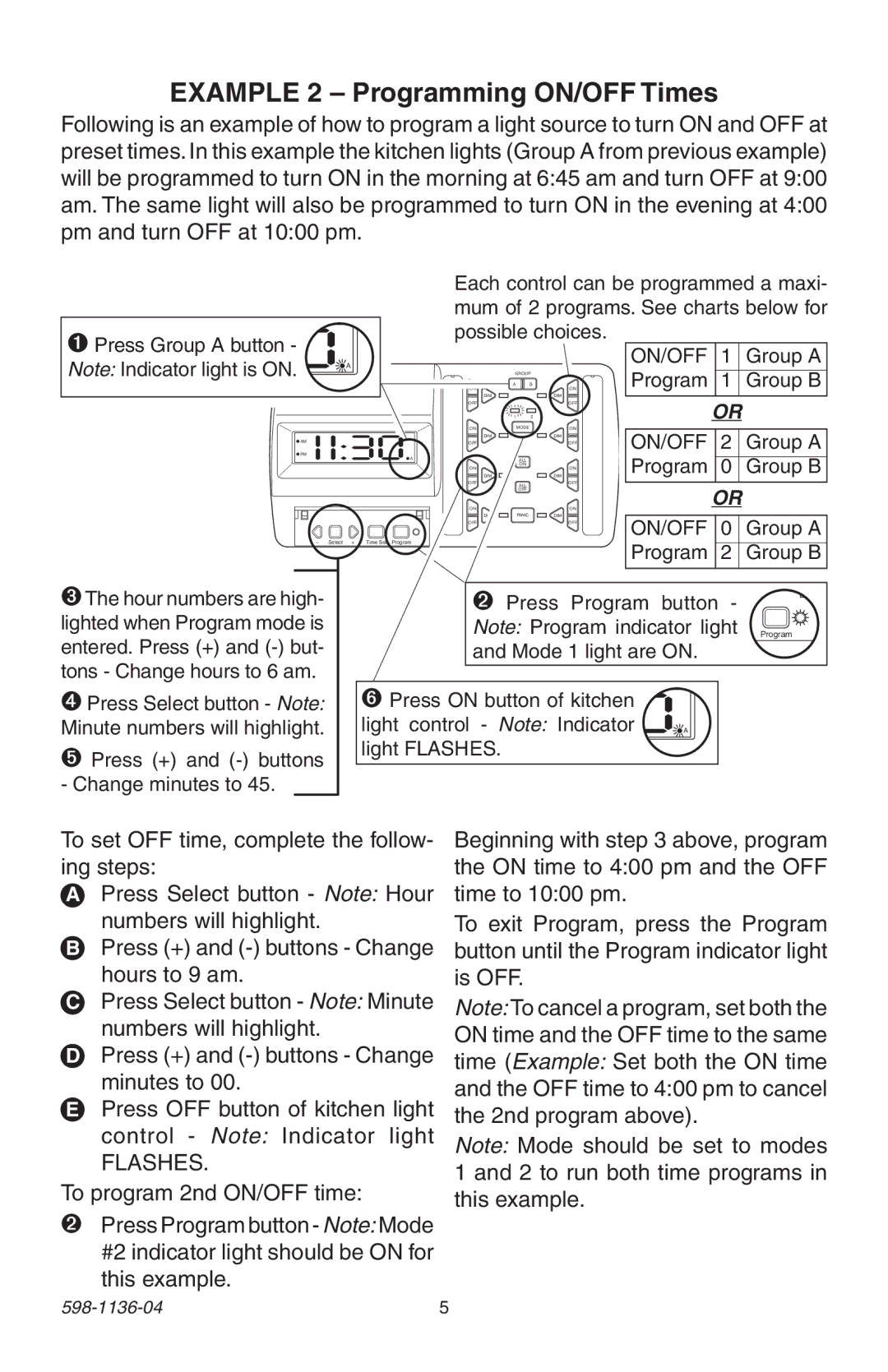 Heath Zenith 598-1136-04 manual Example 2 Programming ON/OFF Times, Flashes 