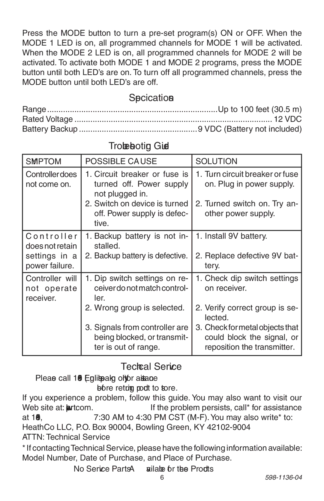 Heath Zenith 598-1136-04 manual Specifications, Troubleshooting Guide, Technical Service 