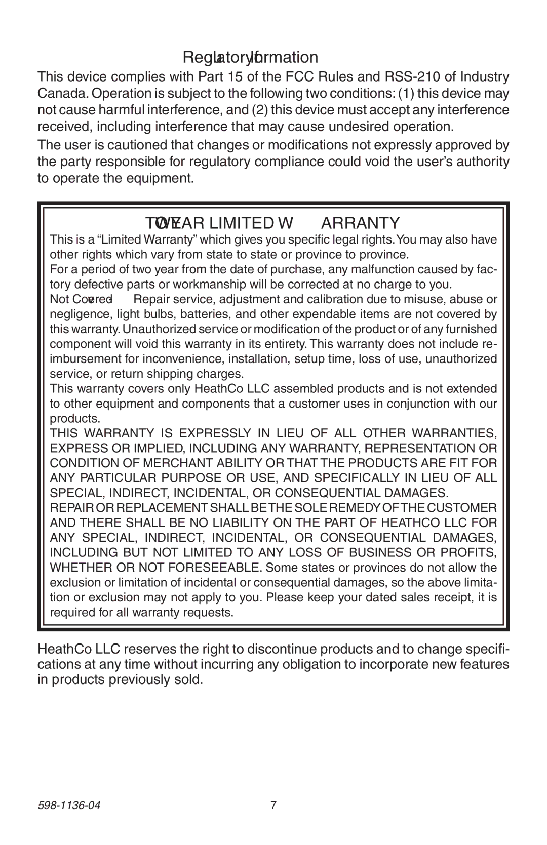 Heath Zenith 598-1136-04 manual Regulatory Information, TWO Year Limited Warranty 